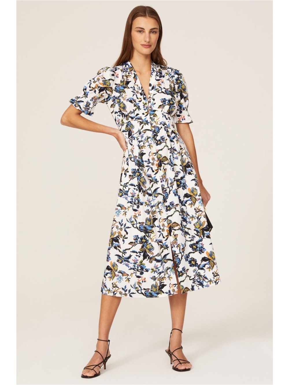 Diane Von Furstenberg Floral Button-Front Midi Dress in White and Blue